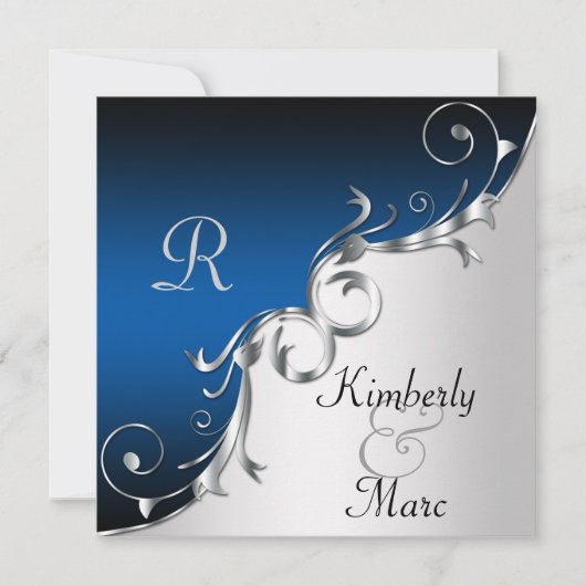Elegant Blue en Silver Wedding Invitation Kaart (Voorkant)