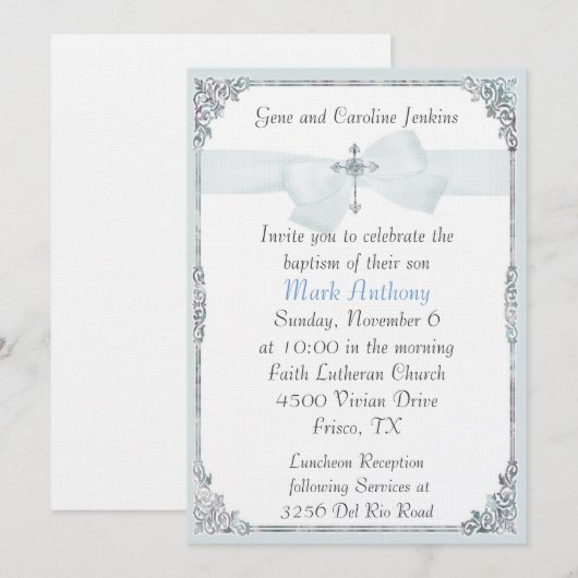 Elegant Blue en White Baptism Invitation Kaart (Voorkant / Achterkant)