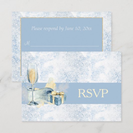 Elegant Blue en White Champagne Wedding RSVP (Voorkant / Achterkant)