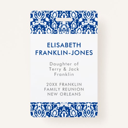 Elegant Blue en White Damask Family Reunion Badge (Voorkant)