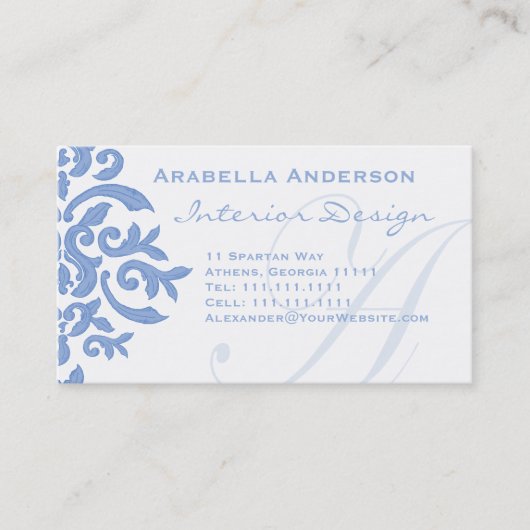 Elegant Blue en White Damask Letter A Visitekaartje (Voorkant)
