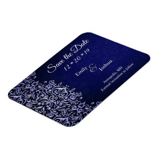 Elegant Blue en White Damask Save the Date Magneet (Linkerzijde)