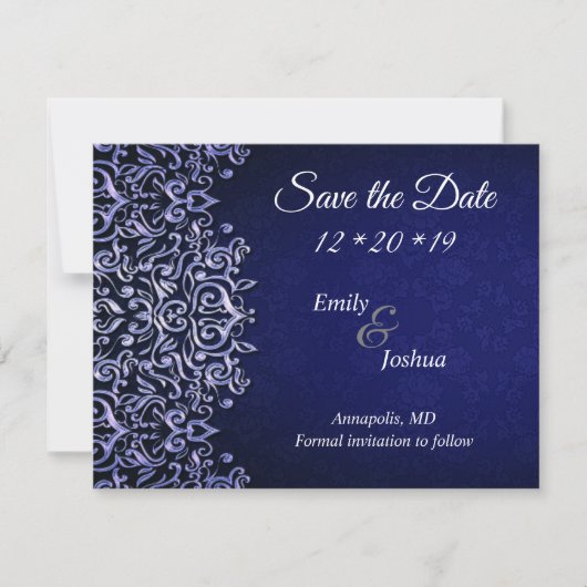 Elegant Blue en White Damask | Weddenschap Save The Date (Voorkant)