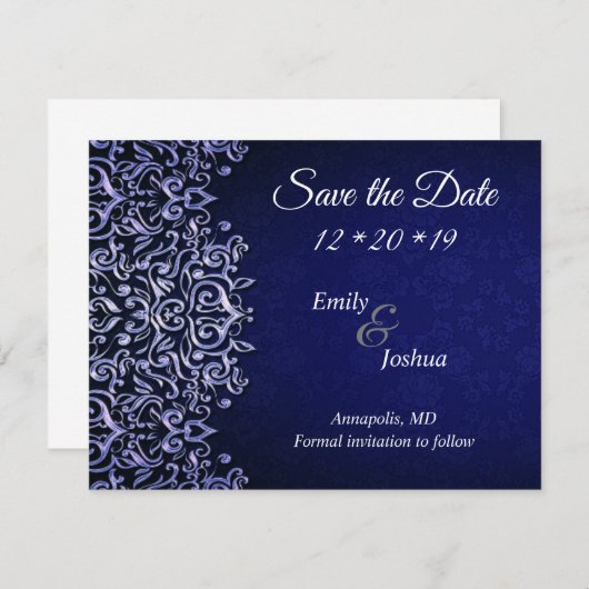 Elegant Blue en White Damask | Weddenschap Save The Date (Voorkant / Achterkant)