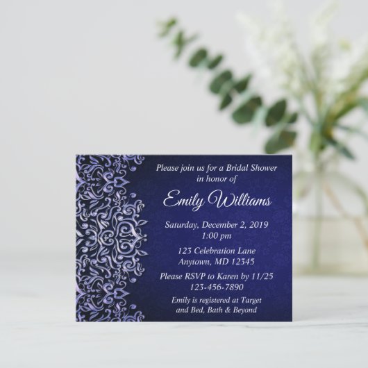 Elegant Blue en White Damask Winter Vrijgezellenfe Kaart (Staand voorkant)