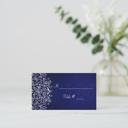 Elegant Blue en White Damask Winter Wedding Plaatskaartje (Staand voorkant)