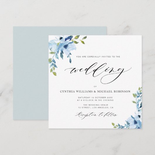 elegant blue en white floral bruiloft uitnodiging (Voorkant / Achterkant)