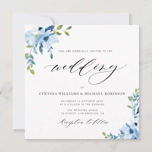 elegant blue en white floral bruiloft uitnodiging (Voorkant)