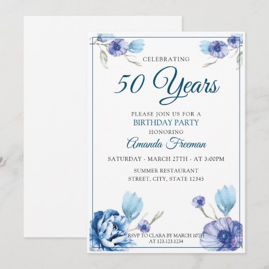 Elegant Blue en White Floral Moeder Birthday Kaart (Voorkant / Achterkant)