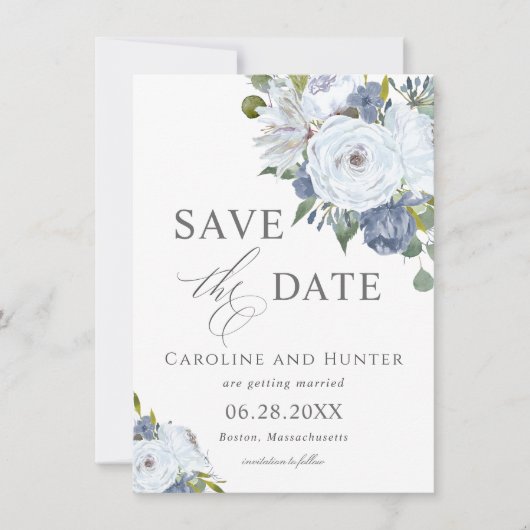 Elegant Blue en White Floral Save the Date (Voorkant)
