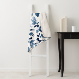 Elegant Blue en White Floral Sherpa Blanket Deken