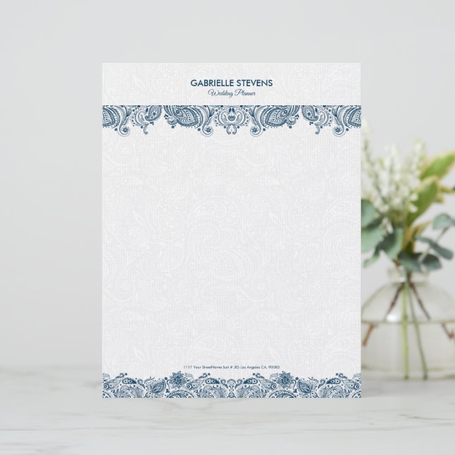 Elegant Blue en White FlorPaisley Lace Briefhoofd (Staand voorkant)