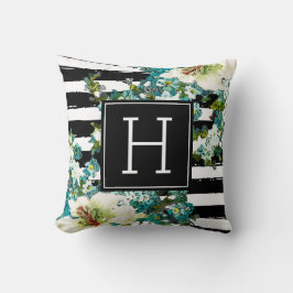 Elegant Blue en White Flowers met Monogram Kussen