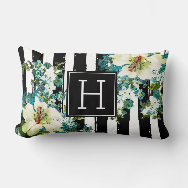 Elegant Blue en White Flowers met Monogram Kussen (Voorkant)