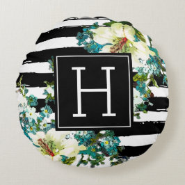 Elegant Blue en White Flowers met Monogram Rond Kussen