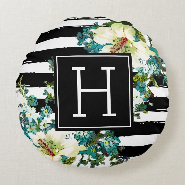 Elegant Blue en White Flowers met Monogram Rond Kussen (Voorkant)