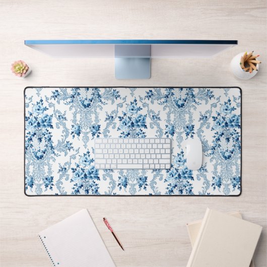 Elegant Blue en White French Rococo Floral Bureaumat (Kantoor 1)