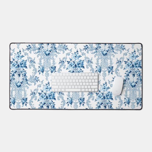 Elegant Blue en White French Rococo Floral Bureaumat (Keyboard & Muis)