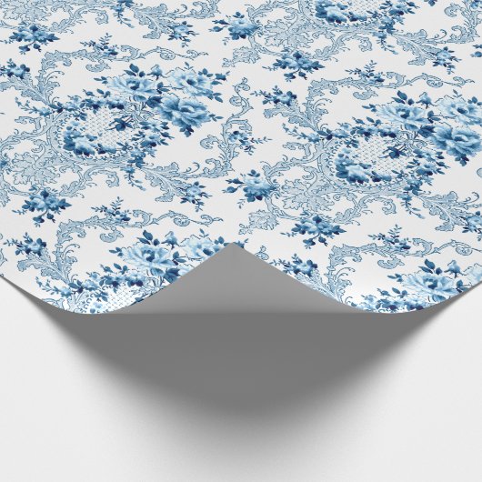 Elegant Blue en White French Rococo Floral Cadeaupapier (Hoek)