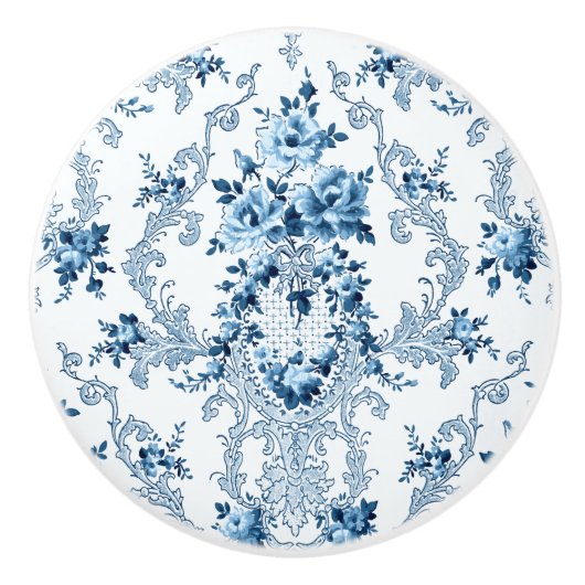 Elegant Blue en White French Rococo Floral Keramische Knop (Voorkant)