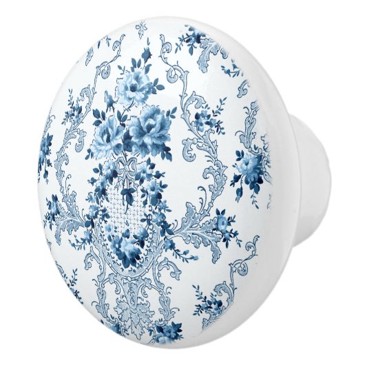 Elegant Blue en White French Rococo Floral Keramische Knop (Rechts)