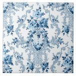 Elegant Blue en White French Rococo Floral Tegeltje<br><div class="desc">Elegante,  romantische en   Franse Rococo-stijl naadloze florale stijl met blauwe rozen en rollen op witte achtergrond.</div>