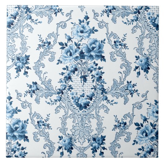 Elegant Blue en White French Rococo Floral Tegeltje (Voorkant)