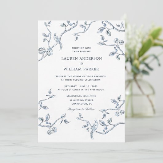 Elegant Blue en white French toile bruiloft Kaart (Staand voorkant)