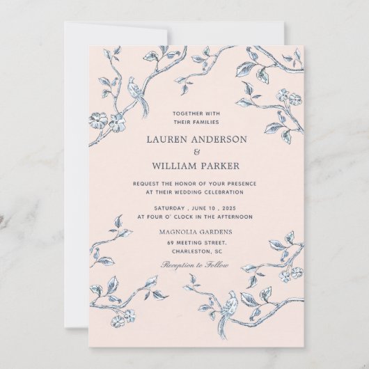 Elegant Blue en white French toile bruiloft Kaart (Voorkant)