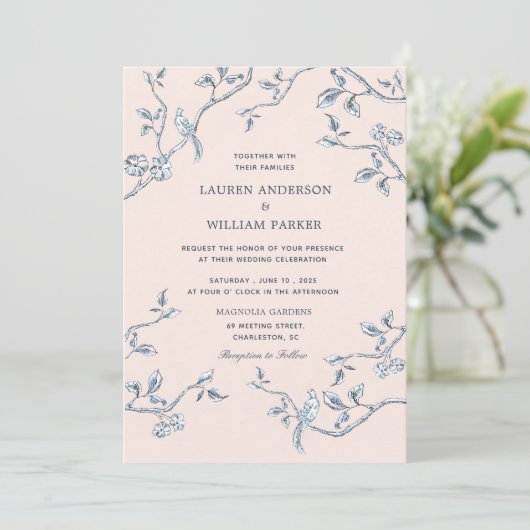 Elegant Blue en white French toile bruiloft Kaart (Staand voorkant)