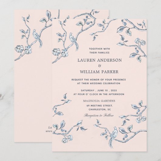 Elegant Blue en white French toile bruiloft Kaart (Voorkant / Achterkant)