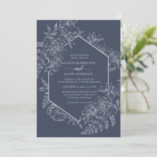 Elegant Blue en White Geometric Floral Wedding Kaart (Staand voorkant)