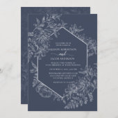 Elegant Blue en White Geometric Floral Wedding Kaart (Voorkant / Achterkant)