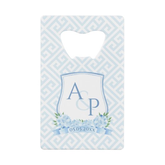 Elegant Blue en White Hydrangea Wedding Crest Creditkaart Flessenopener (Voorkant)