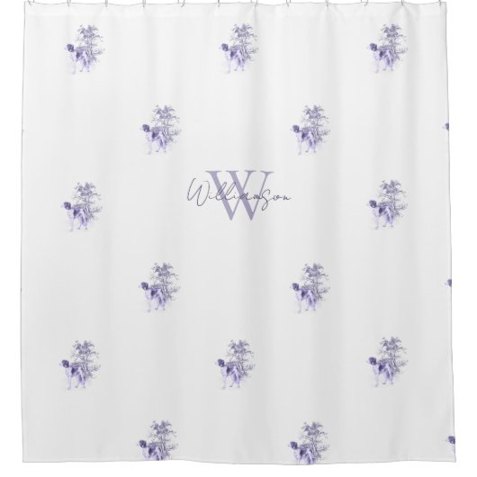 Elegant Blue en White Monogram Antiek Dog Print Douchegordijn (Voorkant)