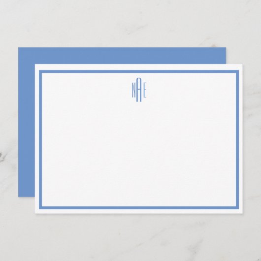 Elegant Blue en White Monogrammed Flat Note Kaart (Voorkant / Achterkant)
