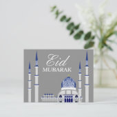 Elegant Blue en White Mosque Eid Mubarak Briefkaart (Staand voorkant)