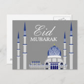 Elegant Blue en White Mosque Eid Mubarak Briefkaart (Voorkant / Achterkant)