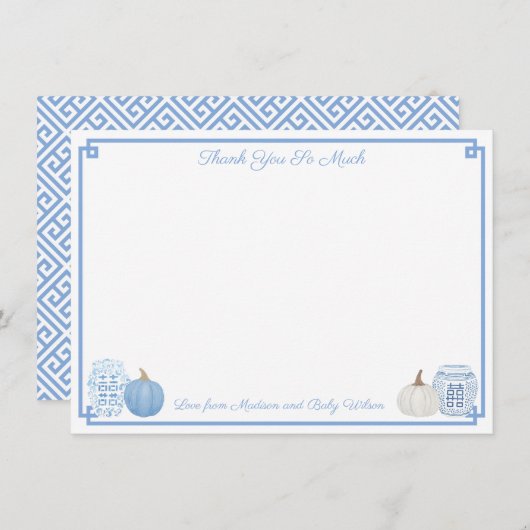 Elegant Blue en White Pumpkins Herfst Baby shower Bedankkaart (Voorkant / Achterkant)