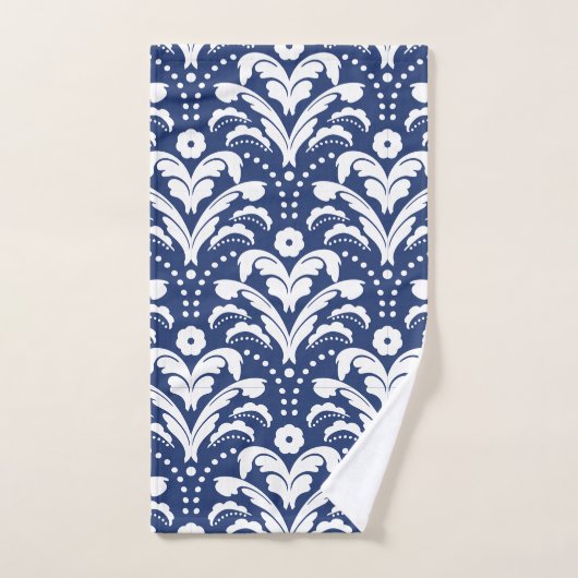 Elegant Blue en White Retro Art Deco Damask Bad Handdoek (Handdoek)