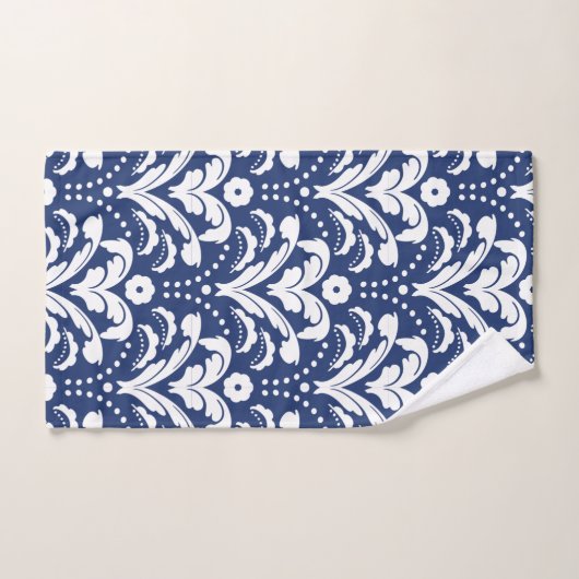 Elegant Blue en White Retro Art Deco Damask Bad Handdoek (Handdoek)