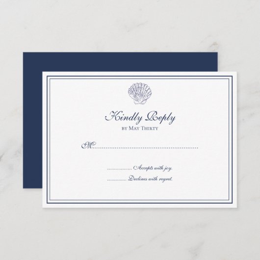 Elegant Blue en White Shell RSVP Kaartje (Voorkant / Achterkant)