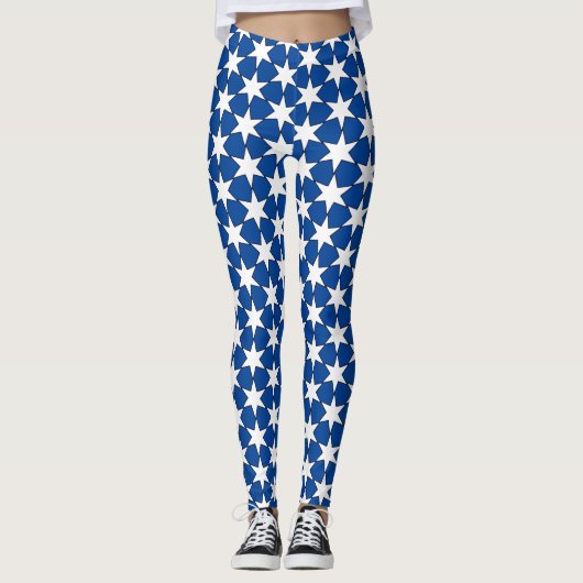 Elegant Blue en White Star Pattern Leggings (Voorkant)