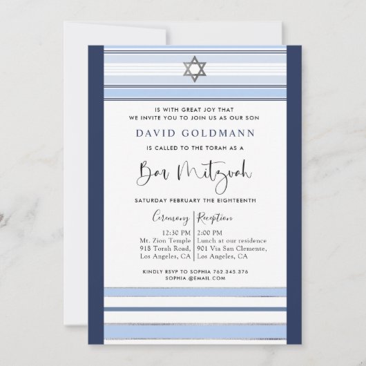 Elegant Blue en White Striped Tallit Bar Mitzvah Kaart (Voorkant)