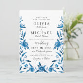 Elegant blue en white waterverf floral bruiloft kaart (Staand voorkant)