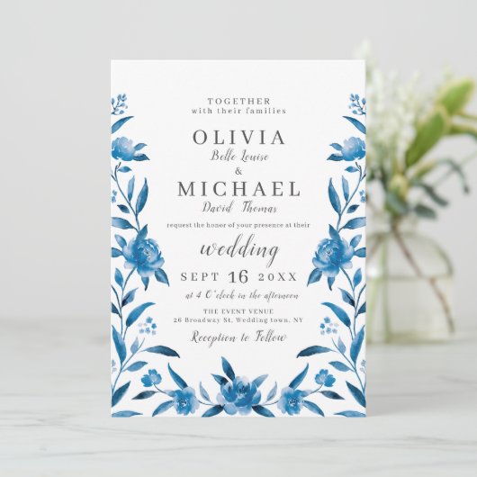 Elegant blue en white waterverf floral bruiloft kaart (Staand voorkant)