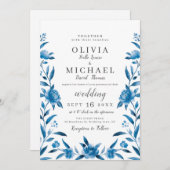 Elegant blue en white waterverf floral bruiloft kaart (Voorkant / Achterkant)