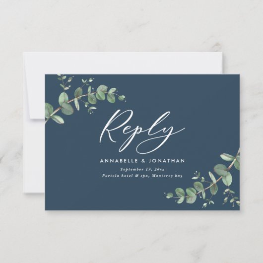 Elegant blue Eucalyptus Greenery Wedding RSVP (Voorkant)