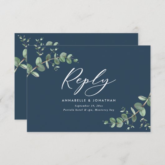 Elegant blue Eucalyptus Greenery Wedding RSVP (Voorkant / Achterkant)