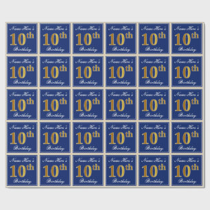 Elegant, Blue, Faux Gold 10th Birthday + naam Cadeaupapier